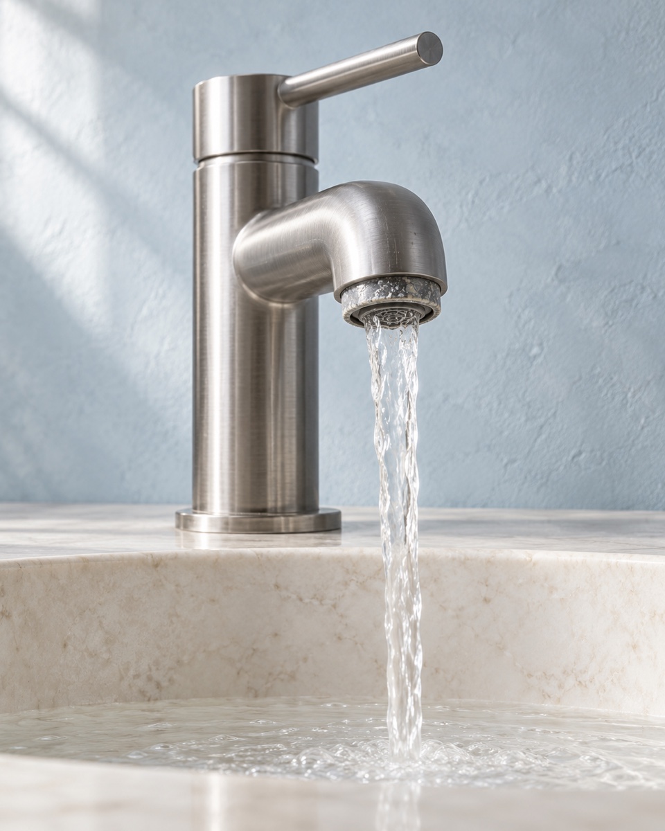 Editorial close-up of water flowing from a faucet