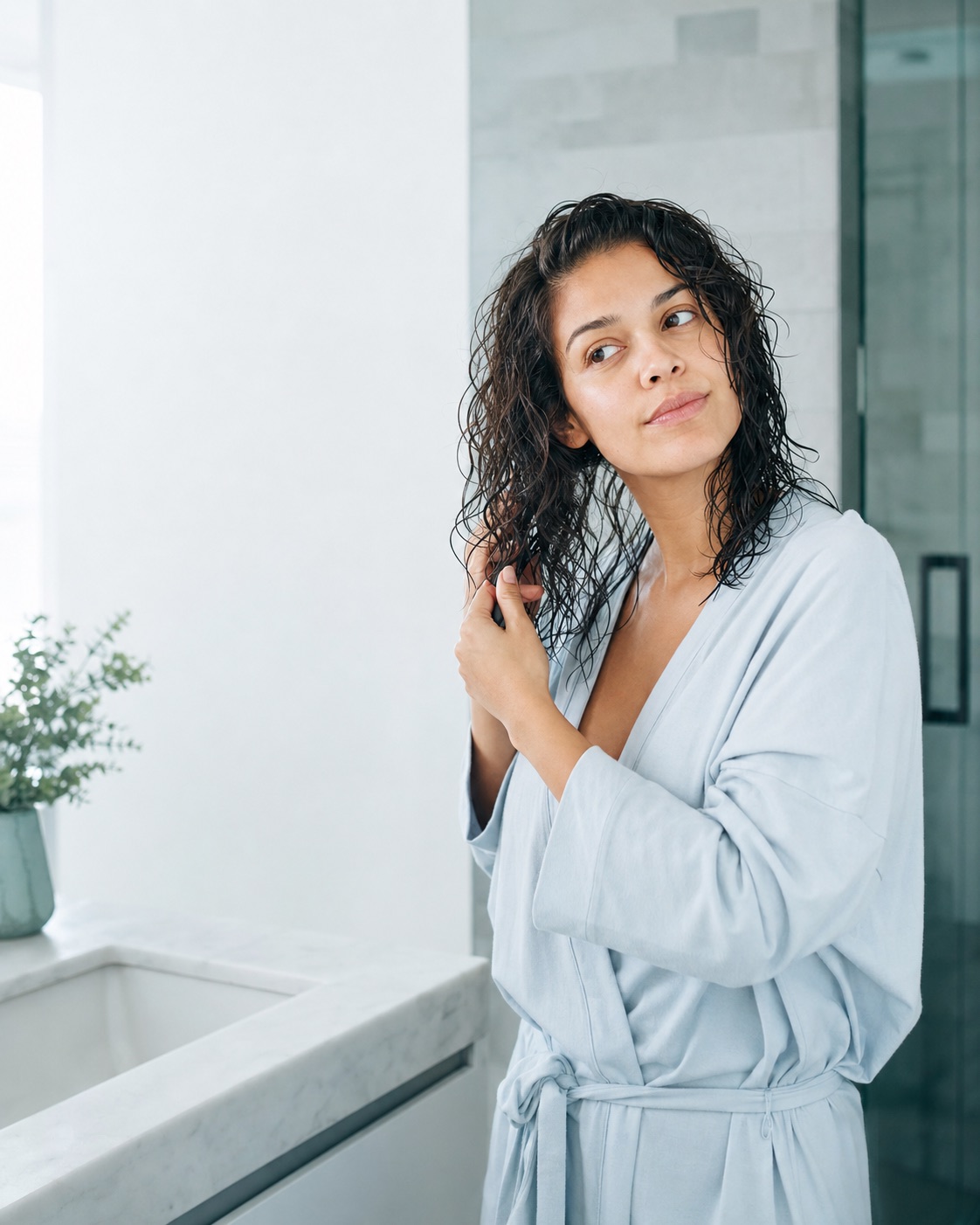 Woman with wet curly hair in a calm morning bathroom